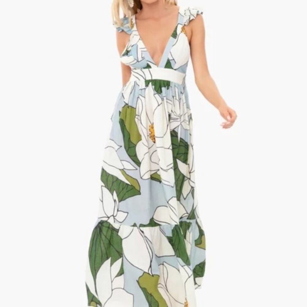Carolina K Penelope Linen Tiered V-Neck Dress size small Cream Green Floral